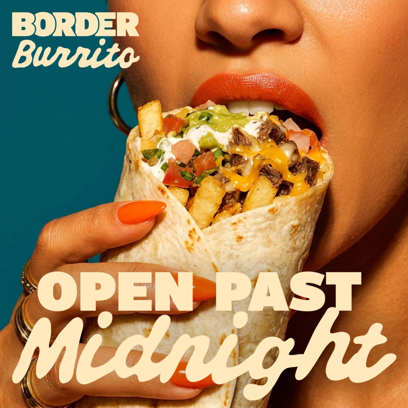 Person biting a burrito with the words Open Past Midnight