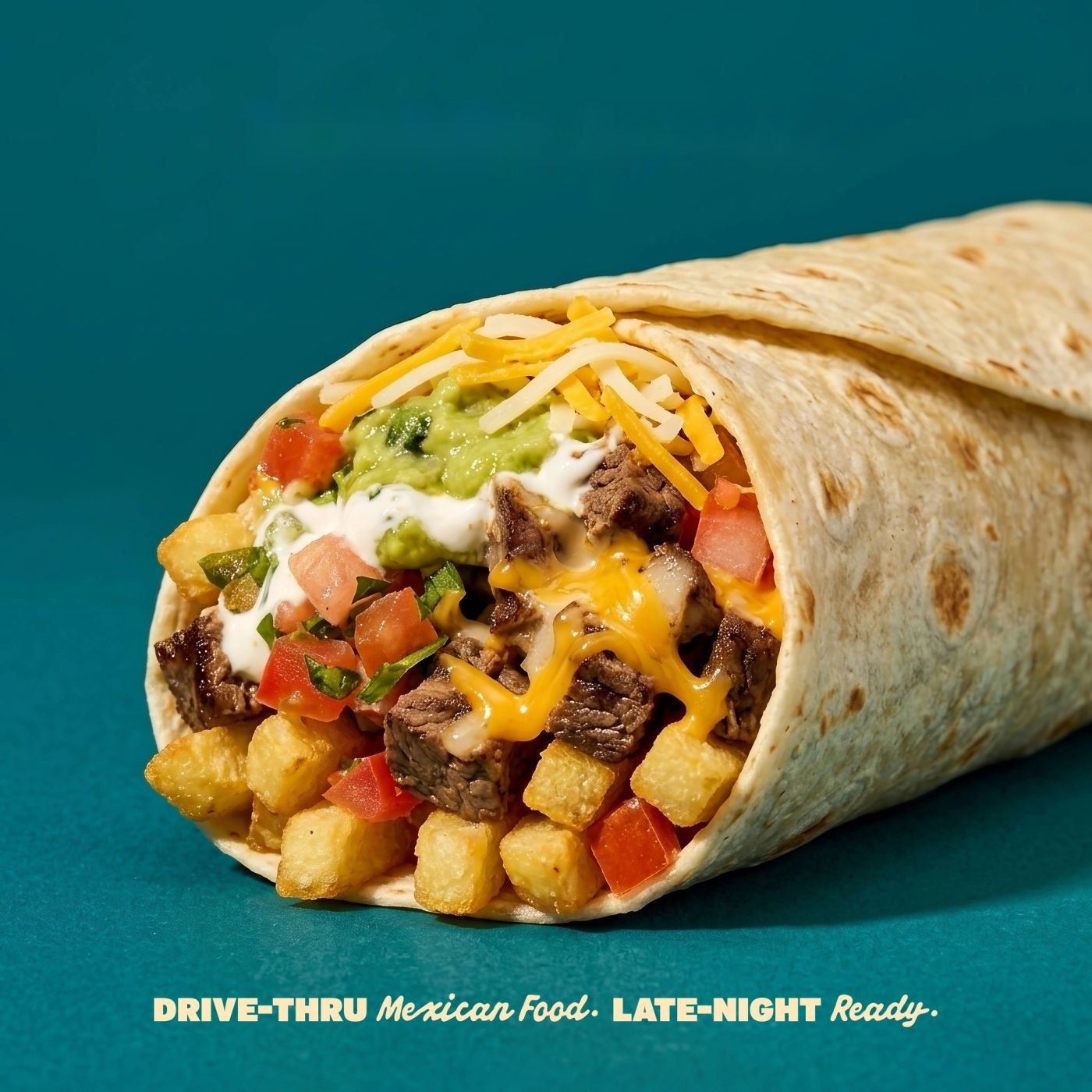 A loaded Border Burrito burrito on a teal background